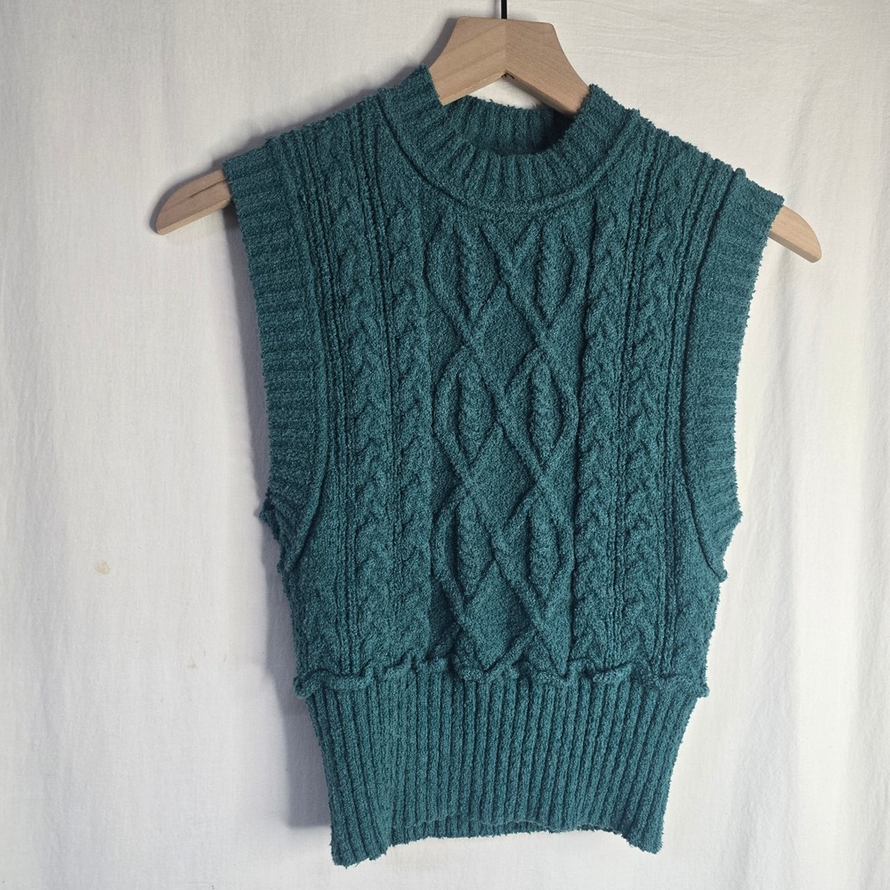Elan Cable Knit Sweater Vest Womens S Teal Cotton Blend Mock Neck Boho Preppy